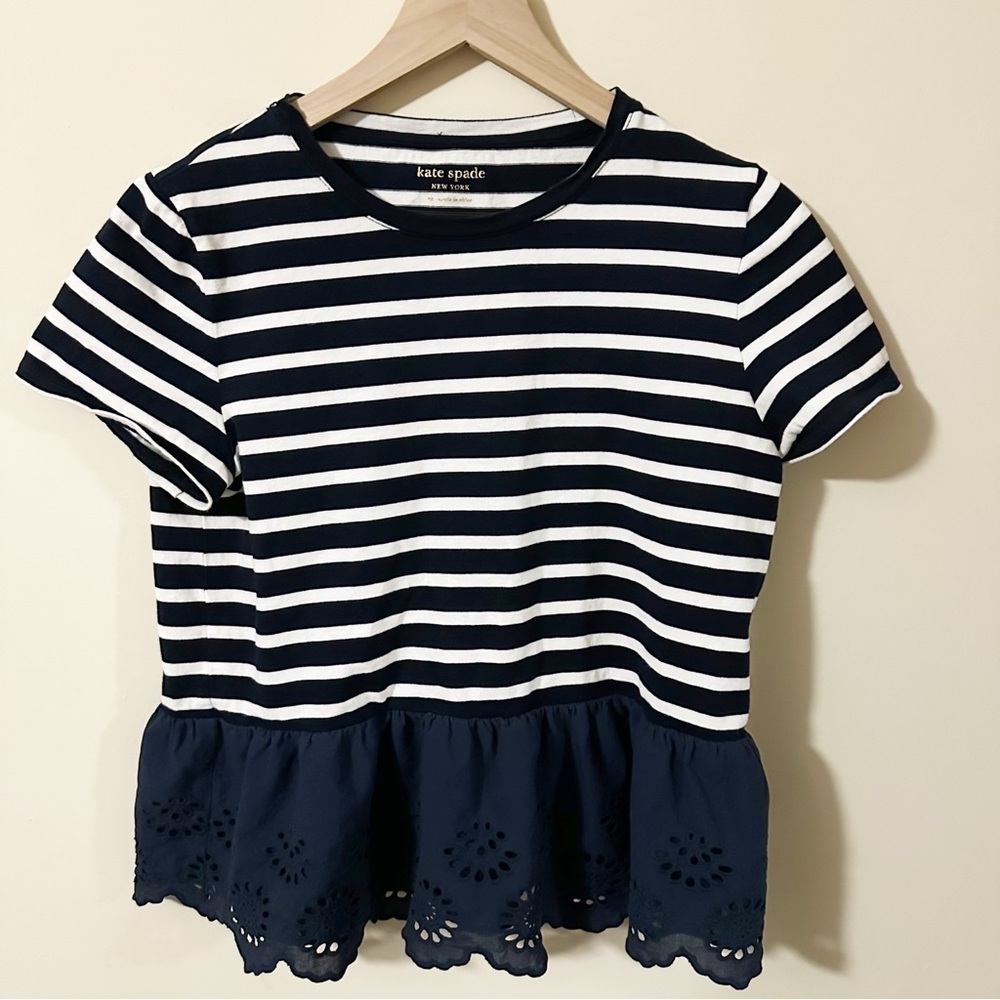 KATE SPADE New York Top Womens Sz. Medium Peplum Eyelet Hem Short Sleeve Striped